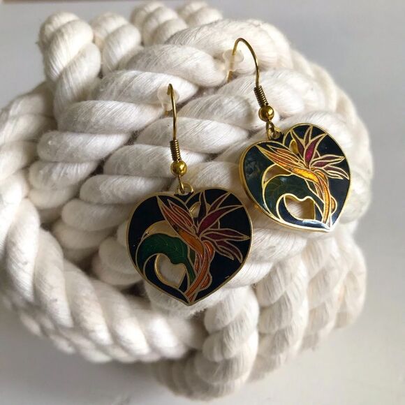 Cloisonné Tropical Flower Heart Shaped Vintage Pierced Earrings - Picture 3 of 14